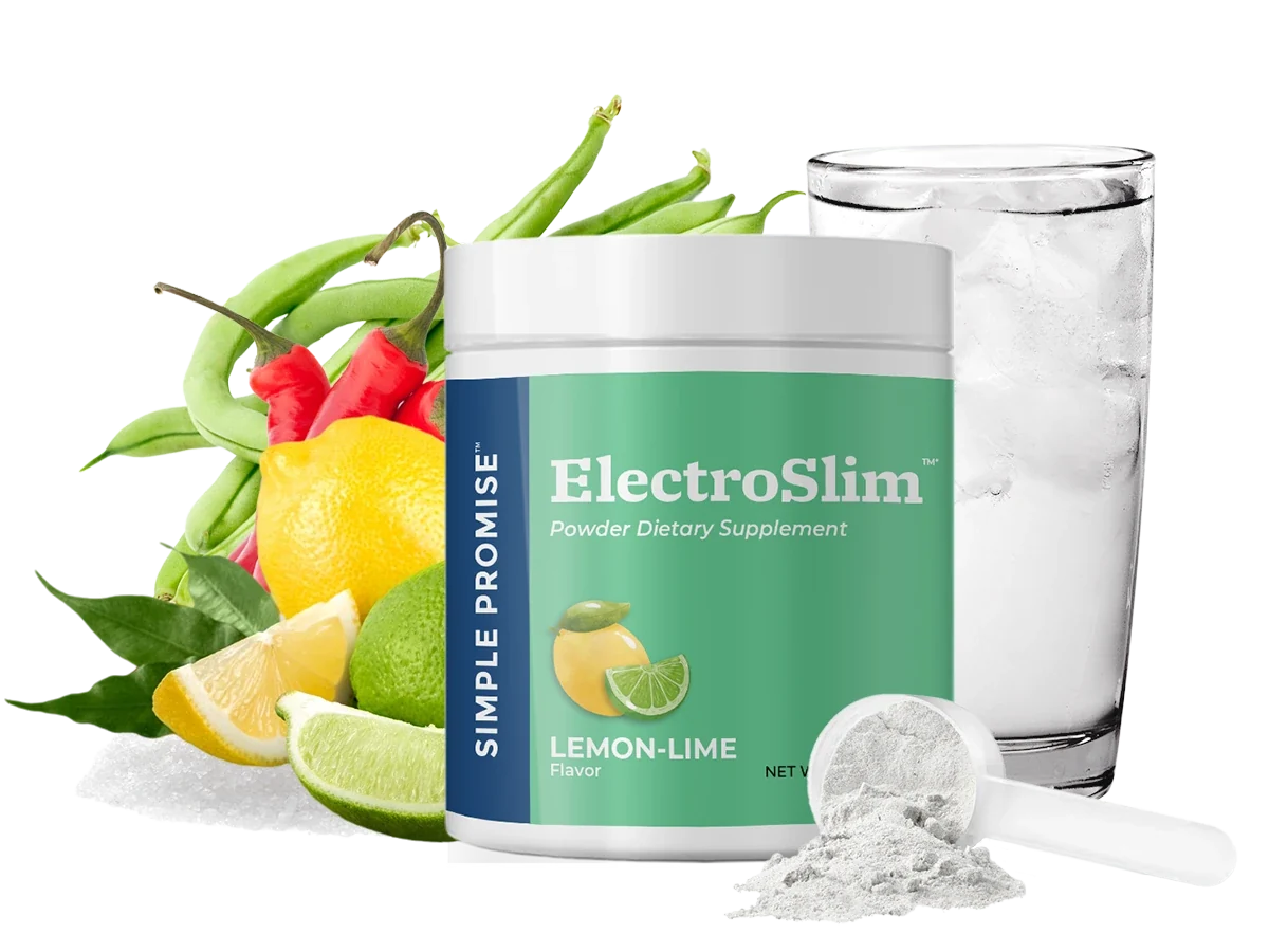 ElectroSlim tub with lemon, lime, chilli peppers, green beans, a scoop of powder and a glass of iced water