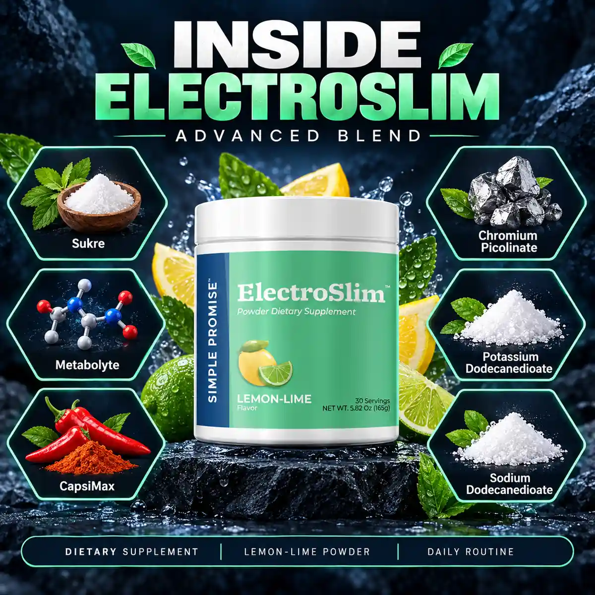 Inside ElectroSlim listing image naming Sukre, Metabolyte, CapsiMax, chromium picolinate, potassium dodecanedioate and sodium dodecanedioate